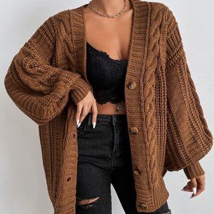 Brown Casual Womens Solid Button Front Cable Knit Cardigan